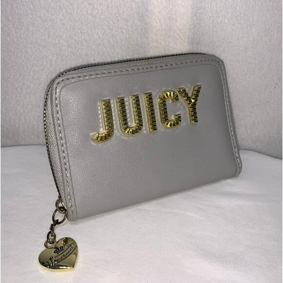 Juicy Couture Bifold Zip Around Medium Size PVC Wallet Gray Gold Heart - Picture 1 of 12